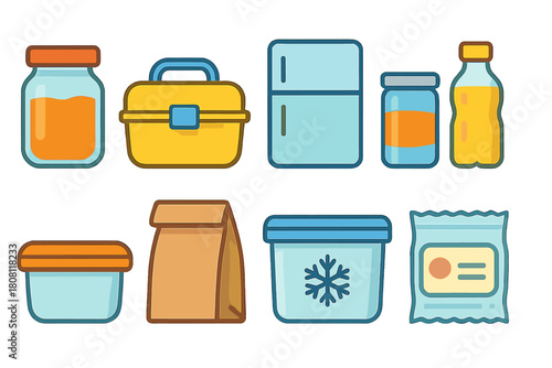 Food storage outline icon set. Kitchen containers, jars, fridge icons collection