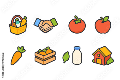 Flat agriculture icon set. Farming, food, harvest icons collection for fresh produce.