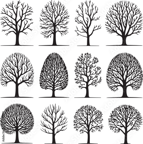Set of black and white leafless tree silhouettes