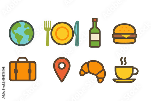 Travel and food flat icon set. Explore vacation, cuisine essentials in flat style.
