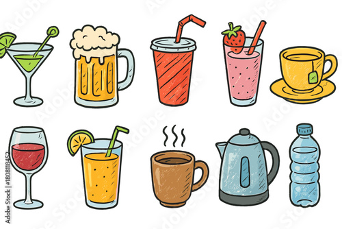 Beverage and drink doodle icon set. Colorful, fun doodles of popular beverages