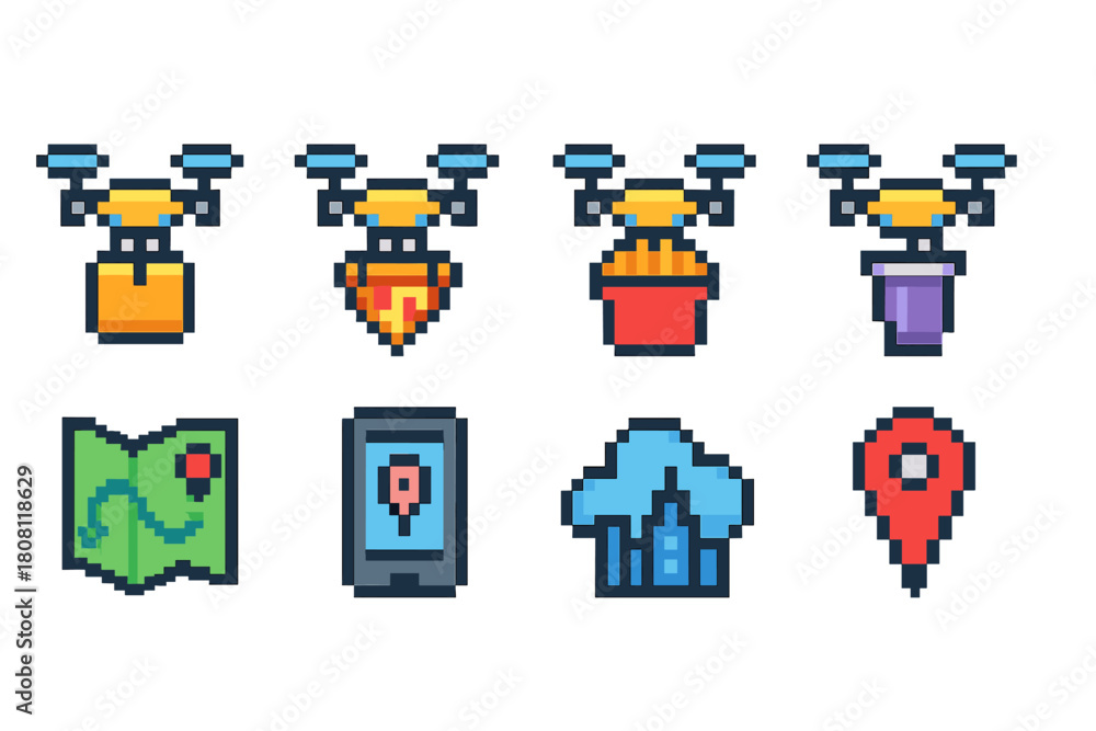 Obraz premium Drone delivery icon set. 3D technology, logistics, and navigation icons collection