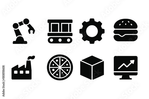 Industry, manufacturing solid icon set. Robotics, gear, factory icons solid collection