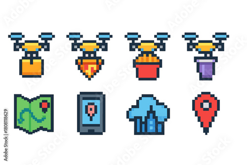 Drone delivery icon set. 3D technology, logistics, and navigation icons collection