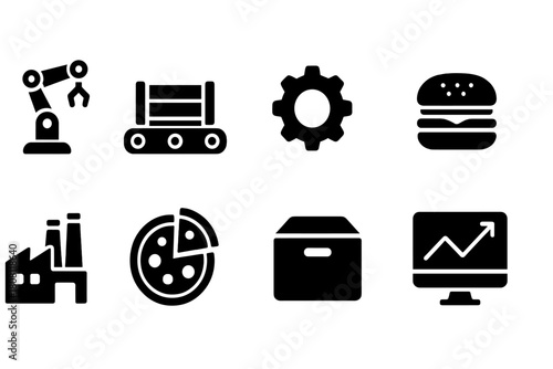 Industrial and food solid icon set. Manufacturing, food production symbols collection