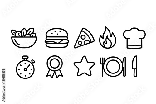 Food and cooking outline icon set: pizza, burger, chef hat icons collection