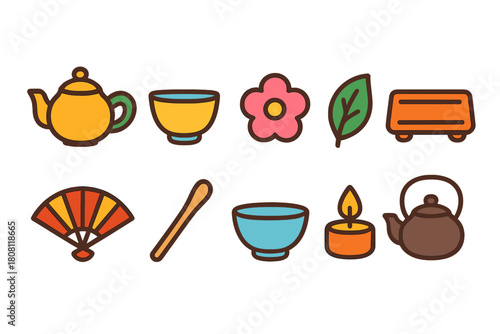 Tea time flat icon set. Teapot, cup, candle, flower, leaf, fan flat icon collection