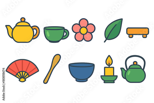 Japanese culture flat icon set. Tea ceremony, flower, fan icons flat collection.