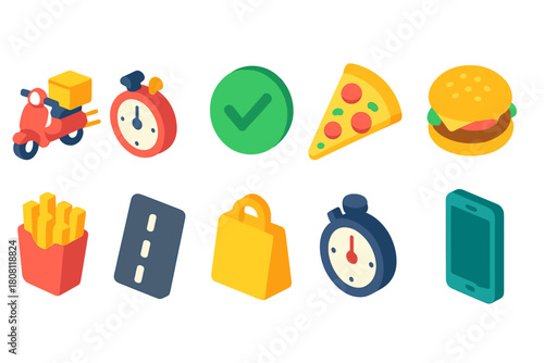 Food and delivery 3d icon set. Fast food, mobile order, express delivery icons