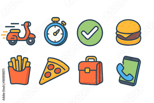 Food and delivery icon set. Fast, outline icons for restaurants and services