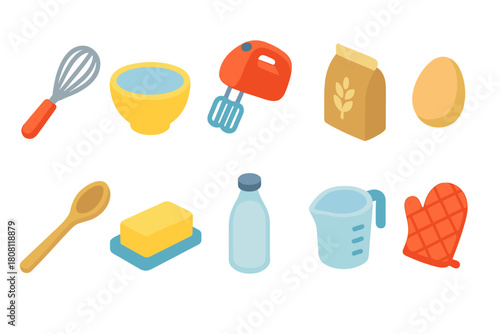 Baking essentials 3d icon set. Kitchen, cooking, ingredients, tools icons collection