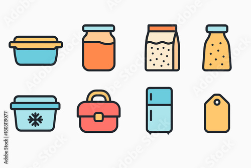 Kitchen storage flat icon set. Food containers, jars, and storage solutions