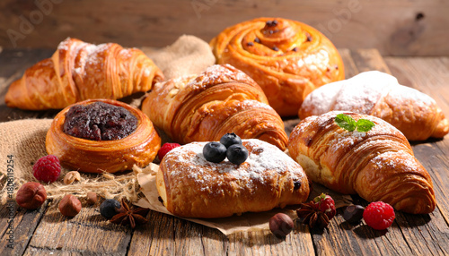 Assorted Bakery Pastries Including Croissants, Danishes, and Fruit Tarts Arranged on Rustic Wood