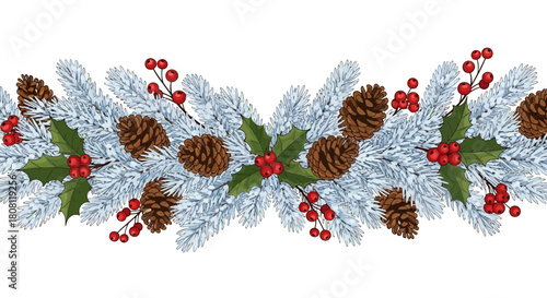 Festive Christmas Garland Border with Pine Cones, Holly Berries and Decorative Elements