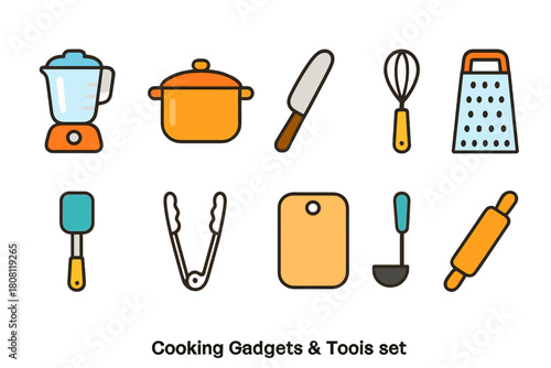 Cooking gadget outline icon set. Kitchen tools and utensils collection in outline style.