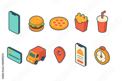 Food and delivery 3d icon set. Fast food, logistics, order tracking icons collection.