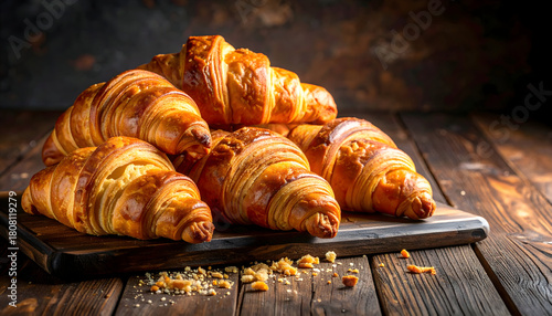 Assorted Freshly Baked Golden Brown Croissants on Rustic Wood Board with Flaky Layers