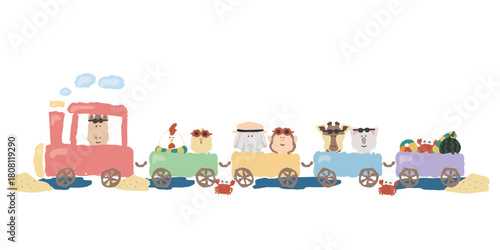やさしいどうぶつ日和｜夏の動物列車イラスト（すいか・海・季節行事）