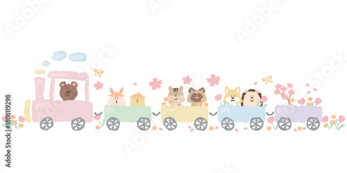 やさしいどうぶつ日和｜春の動物列車イラスト（桜・入園・新年度）
