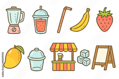 Juice and smoothie flat icon set. Refreshing, fruit, drink, blender icons collection