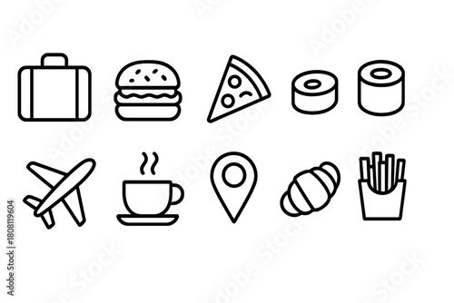 Travel and food icon set: solid style collection for tourism and dining
