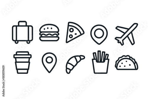 Food and travel line icon set: fast food, airplane, and location linear icons