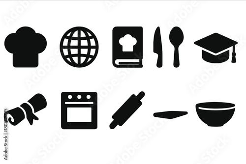 Culinary, education silhouette icon set. Cooking, learning icons silhouette collection