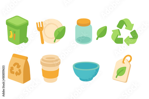 Eco-friendly flat icon set. Sustainability, recycling, zero waste flat icons collection