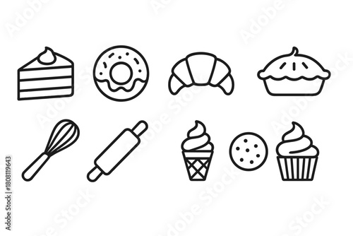 Bakery, pastry line icon set. Cakes, desserts, baked goods in outline style