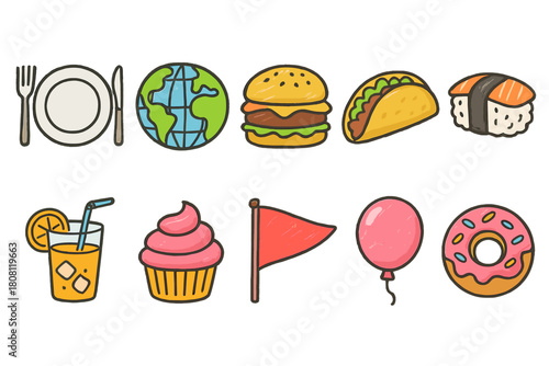 Food and drink icon set. Hand-drawn flat icons of cuisine, snacks, and beverages
