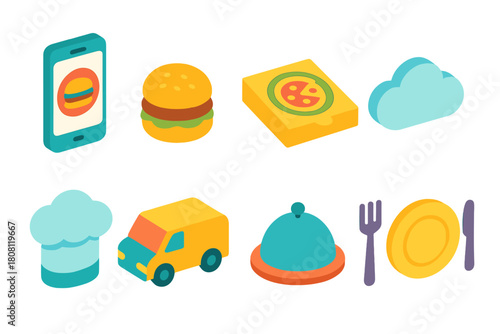 Food delivery 3d icon set. Online food, restaurant, and meal icons 3d collection