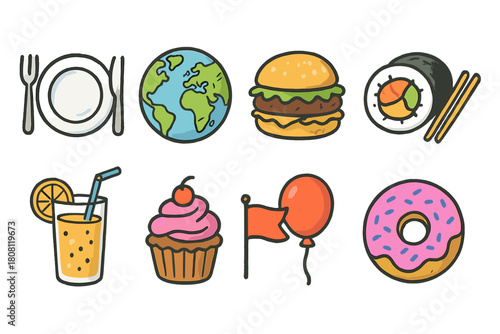 Food and travel flat icon set. Global cuisine, dining, and destination icons collection.