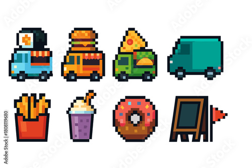 Retro pixel food truck icon set. 8-Bit, street food, fast food pixelated icons collection.