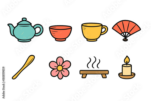 Tea ceremony, japanese flat icon set. Traditional, tea tools, oriental icons in flat style.