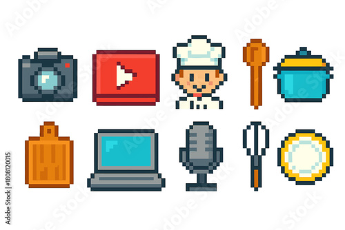 Cooking and kitchen pixel icon set. Culinary, chef, utensils, retro, pixelated designs