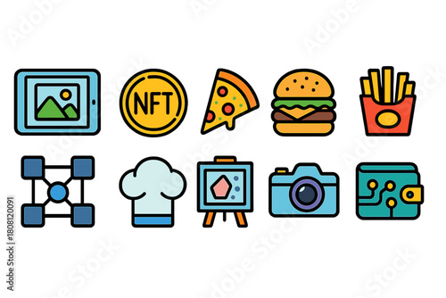 Food and technology flat icon set. Digital and culinary lifestyle icons collection.