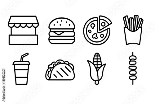 Food and drink outline icon set. Fast food, snacks, beverages outline collection