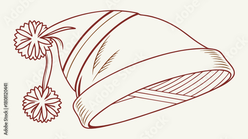 Illustration of a sleeping cap with pom poms and striped pattern in a vintage style drawing look