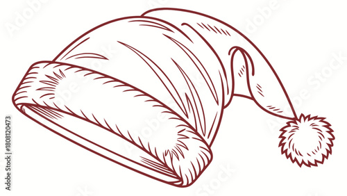 Illustration of a santa hat with a fluffy brim and a pompom on the end of the hat tip design