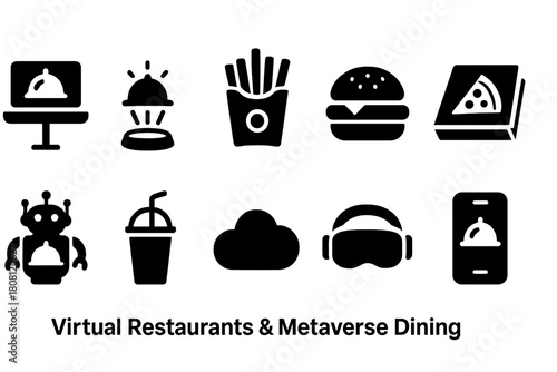 Virtual restaurants and metaverse dining solid icon set for modern interface