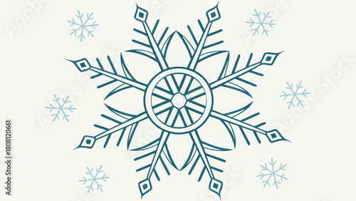 Illustration of a large intricate snowflake with smaller snowflakes scattered around it on a white background