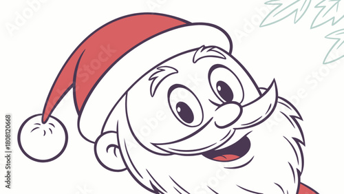 Cartoon santa claus with red hat and white beard smiling in a close up view with leaves behind him