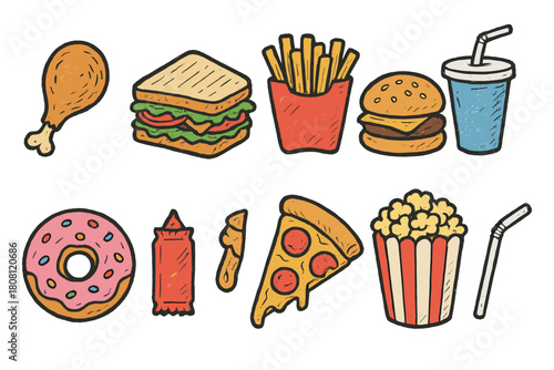Food, snacks doodle icon set. Fast food, snack icons doodle collection