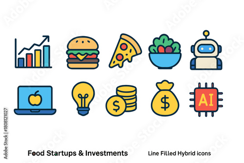 Food startups & investments icon set. Line filled hybrid icons for business use.