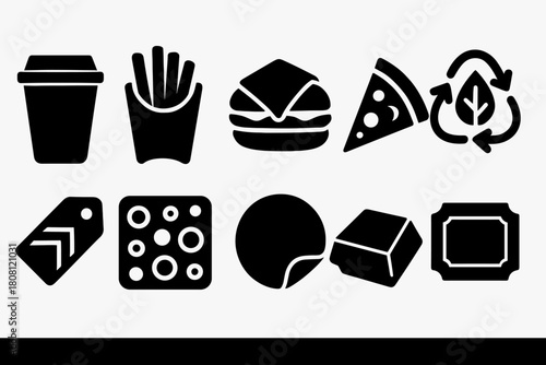 Food and recycling solid icon set. Takeout, eco symbols in silhouette style