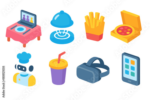 Food and technology 3d icon set. Dining, gadgets, and entertainment icons collection.
