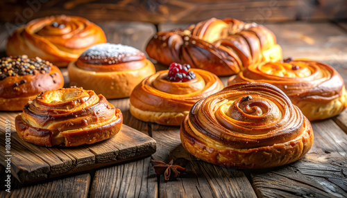 Assorted Freshly Baked Pastries on Rustic Wooden Surface with Golden Glaze and Toppings
