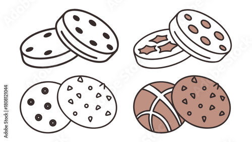 Illustration of four pairs of cookies with different toppings and decorations displayed clearly