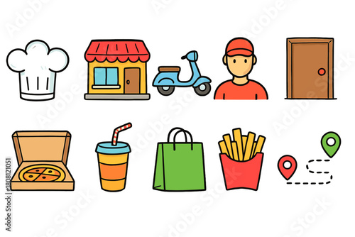 Food delivery, restaurant and takeout icon set. Hand-drawn style collection