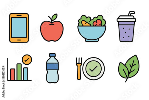 Healthy lifestyle flat icon set. Fitness, nutrition, wellness icons flat collection